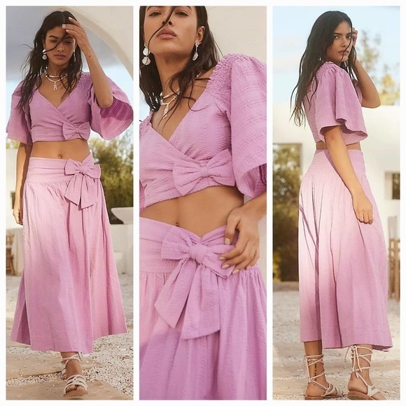 Bow Cotton Pink Purple Boho Beach Two Piece Coordinated Matching Set Free People - Picture 1 of 4